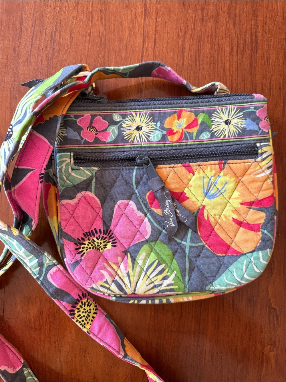 Vera Bradley Small Gray Quilted Floral Crossbody with Pink & Orange Blooms